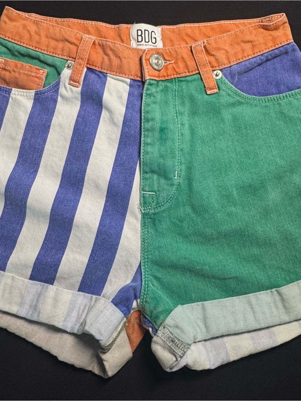 BDG Colorblock High-Rise Jean Shorts — Green/Blue/Orange